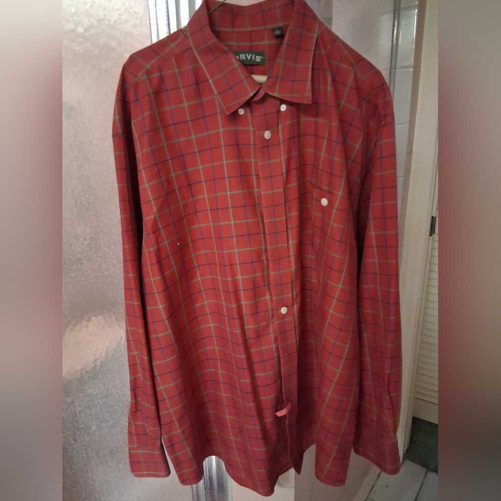 Orvis 2XL Red Cotton Windopane Plaid Dress Shirt Dark Red
